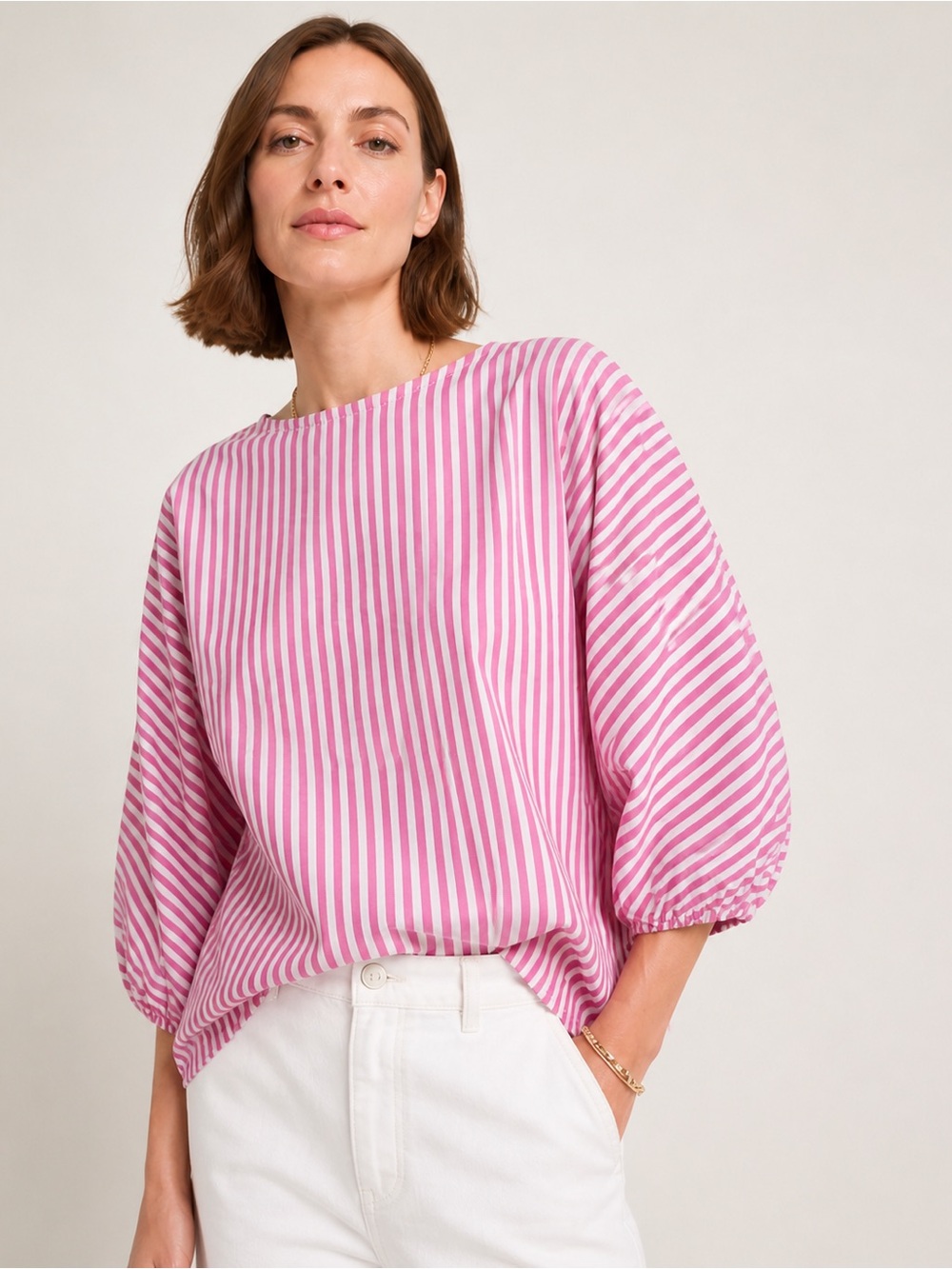 Ann Mashburn Pink White Stripe Blouse Balloon Sleeve Cotton Top Size XS